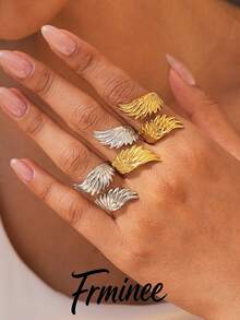Frminee 3pcs/1pc Women's Stainless Steel Feather Wing Ring, 18K Gold/Silver Adjustable Open Statement Ring, Waterproof Bohemian Angel Wing Jewelry - Multicolor - View 3