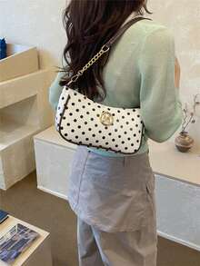 Tas Bahu Wanita Kulit PU Motif Polkadot dengan Tali Rantai dan Detail Logo, Gaya Kasual, Cocok untuk Penggunaan Sehari-hari - Putih - View 4