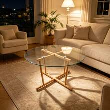 JULONGC 27.56 Inch Round Tempered Glass Coffee Table Minimalist Accent Table With Grain Cross Metal Legs Anti-Collision Small Side Table For Living Room Bedroom Balcony Home Decor - Natural + Transparent + Tempered Glass + Round - View 3