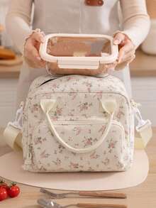 1pc Portable Cherry Pattern Corduroy Insulated Lunch Bag / Large Capacity Insulated Lunch Bag (With Adjustable Shoulder Strap) Waterproof Cold/Heat Retention Bento Bag, Suitable For Work, School, Picnic And Outdoor Camping Back To School Use - Multicolor - View 3