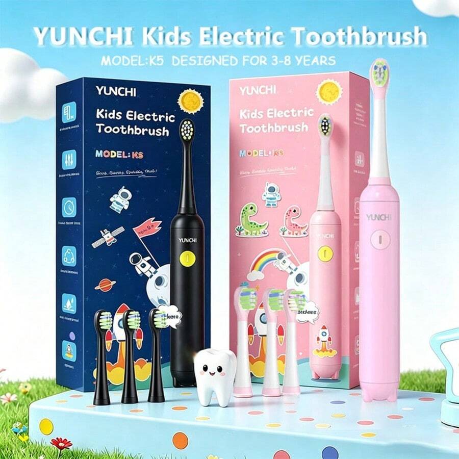 YUNCHI Kids Electric Toothbrush Rechargeable 2 Mins Timer 3 Modes For Ages 6+ Includes 4 Replacement Brush Heads And DIY Stickers - Multicolor - View 1
