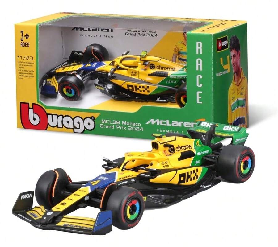 -  MCL38 2024 摩納哥大獎賽  塗裝 1/43 比例合金壓鑄模型，細節精緻，隨機 Norris 或 Piastri， 致敬版