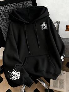Sweat-shirt-shirt à capuche noir pour femmes grande taille, décontracté, automne/hiver, manches longues, avec poches et imprimé crâne, fleur et lettre - Noir - Voir 4