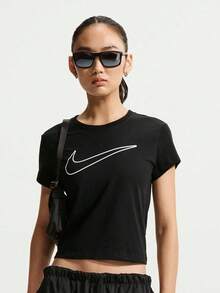 Nike Women's AS W NSW CLUB SS TEE HBR MD Short Sleeve T-Shirt Knit Collarless Short THV5003-011 - Black - View 1
