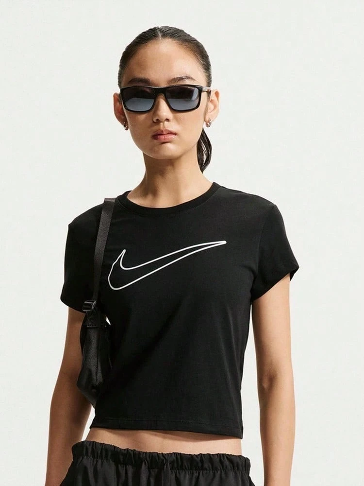 Nike Women's AS W NSW CLUB SS TEE HBR MD Short Sleeve T-Shirt Knit Collarless Short THV5003-011 - Black - View 1