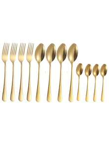 6/12/18pc Stainless Steel Gold 1010 Pasta Fork, Dessert Spoon, Coffee Stirrer, Salad Spoon/Fork, Soup/Rice Spoon Cutlery Set For Hotel, Restaurant, Home Gathering - Gold - View 8