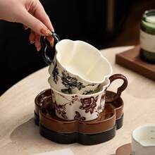 1 Set 250ml Ceramic Rose Coffee Cup With Tray, Vintage Brown Floral Tea Cup Set, Suitable For Home Kitchen Wedding Gift - Coffee Brown - View 11