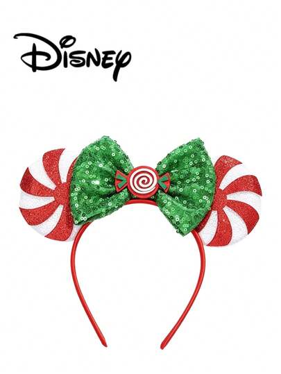 1pc Disney Cartoon Sequin Red Green Mint Candy Cane Lollipop Amusement Park Theme Series Mickey Minnie Ears Sequin Bow Headband Hair Accessory For Stage Performance Costume, Holiday Party Birthday Party Christmas Theme Headband, Suitable For Holiday Parties