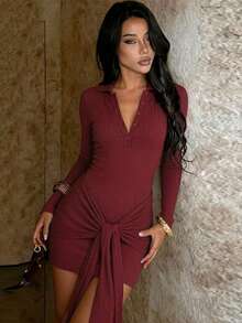 Women's Autumn Solid Color Collared Long Sleeve Front Knot Fitted Mini Dress - Burgundy - View 2