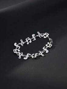 Y2K Minimalist Stainless Steel Music Note Link Bracelet, Accessory For Men, Ideal Gift For Music Lovers Birthday & Daily Outfit Matching - Silver - View 3