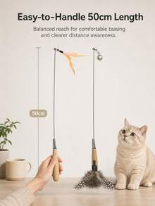 7Alas 3pcs Interactive Cat Teaser Wand Set With Detachable Bell & Feather Replacement Heads, 50cm Spring-Cushioned Wooden Handle, Indoor Hunting Exercise Cat Toy For Kittens - View 5