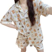 San-X Rilakkuma 可愛卡通 Ins 風鬆弛感熊圖案日系女款夏季短袖居家睡衣套裝 - 彩色 - 查看 6