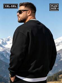 大尺碼 1XL-5XL 男士純色落肩長袖休閒運動衫，秋冬返校季運動款 - 黑色 - 查看 2