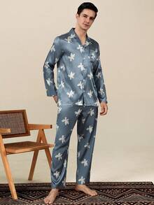 Men's Spring/Autumn Cardigan Faux Silk Pajama Set, High-End Long Sleeve Long Pants Comfortable Loungewear - Multicolor - View 5