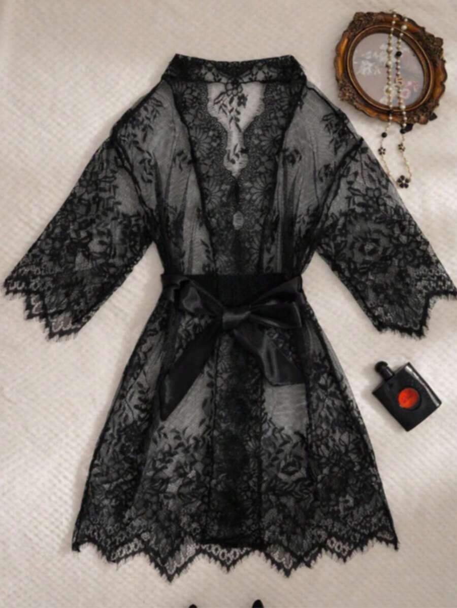 黑色睫毛蕾絲透視罩衫睡裙，緞面蝴蝶結腰帶，喇叭袖V領透視內衣睡衣，適合蜜月 - 黑色 - 查看 1