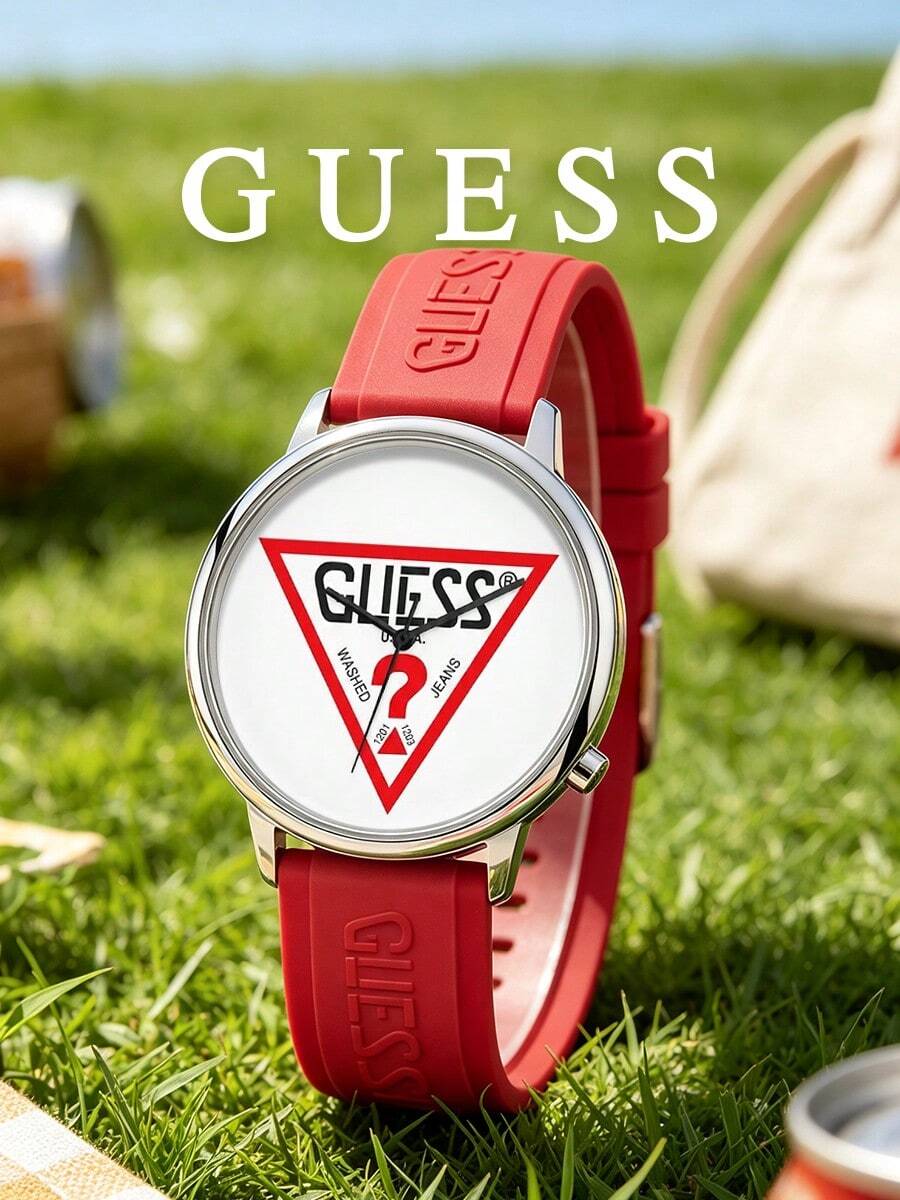 Guess Unisex Silicone Sports Watch, Red Round Dial With Triangle Logo Pattern, Analog Quartz Wristwatch, Picnic Outdoor Casual, Summer Daily Wear, Unique Gift - Red - View 1