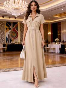 MODAMO REF AS1962 LONG DRESS WITH BELT AND ZIPPER - 米色 - 查看 3