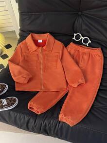 Spring/Autumn Boys' College Style Caramel Suede Fleece Utility Jacket With Double Patch Pockets And Matching Tapered Pants 2-Piece Set, Vintage Solid Color Casual Kids' Outfit, Warm Orange Colorway, Premium Look - Burnt Orange - View 2