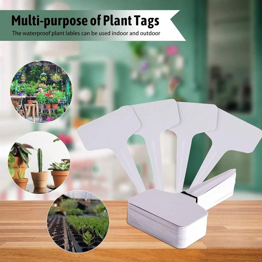 100pcs T-Shaped Plant Labels, 4 Inch Potted Plant Name Tags, Plastic Material, With Marker Pen, Seedling Seed Marker, Suitable For Indoor/Outdoor Garden, Patio, Flowers And Vegetables, White