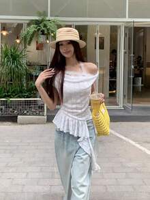 2026新款夏季女装独特白色蕾丝设计不对称肩部休闲上衣 - 白色 - 查看 2