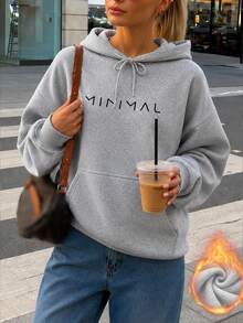 女款秋冬新款極簡字母印花休閒時尚百搭保暖內裡連帽衛衣 - 深花灰 - 查看 4