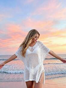 NZZOF Women's Knitted Hollow Out Beach Cover-Up, Batwing Sleeve Side Drawstring Split Semi-Sheer Dress White Vacation Summer - White - View 5