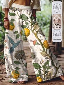 (Free Shipping) Women's Boho Lemon & Bird Print Drawstring Elastic Waist Loose Trousers, Lightweight  Flowy Casual Long Pants Summer Outfits For Women - 青檸色 - 查看 4