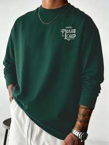 American Healing Style Vintage Floral Bible Verse Print Long Sleeve T-Shirt, Soft Skin-Friendly Oversize Lazy Outerwear Base Layer Tee For Men - Dark Green - View 3