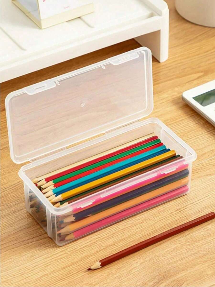 Large Transparent PP Storage Box With Lid, Lightweight Unprocessed Surface, Suitable For Office And School Supplies, Pens, Pencils, Markers, Crafts, Desktop Organization, Cosmetics, Jewelry, Minimalist Portable Design, Suitable For Girls, Random Color (Box Only, Pencils Not Included) - Multicolor - View 1