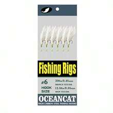 Ocean CAT 10Packs 6 Hook/Set Fishing Rigs White Feather Fishskin String Hook Fishing Lure Saltwater Freshwater Bait Rig Tackle 2/0#1/0#2#4#6#8#10#12#14 White, 10# - White - View 3