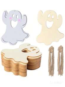 10/20pcs Halloween Hanging Decorations, Blank Wooden Ghost Ornaments, Suitable For DIY Painting, Halloween Party Home Decor, Suitable For Indoor, Outdoor Garden, Lawn, Party, Portable Holiday Gift, Wall Home Horror Party Supplies - Halloween - View 3
