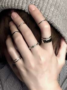 RINTOLER Juego de 7 anillos de metal personalizados estilo callejero, adecuado para accesorios de joyería de uso diario para mujeres, anillos de metal estilo hip-hop, no ajustables - Plateado - Ver 1