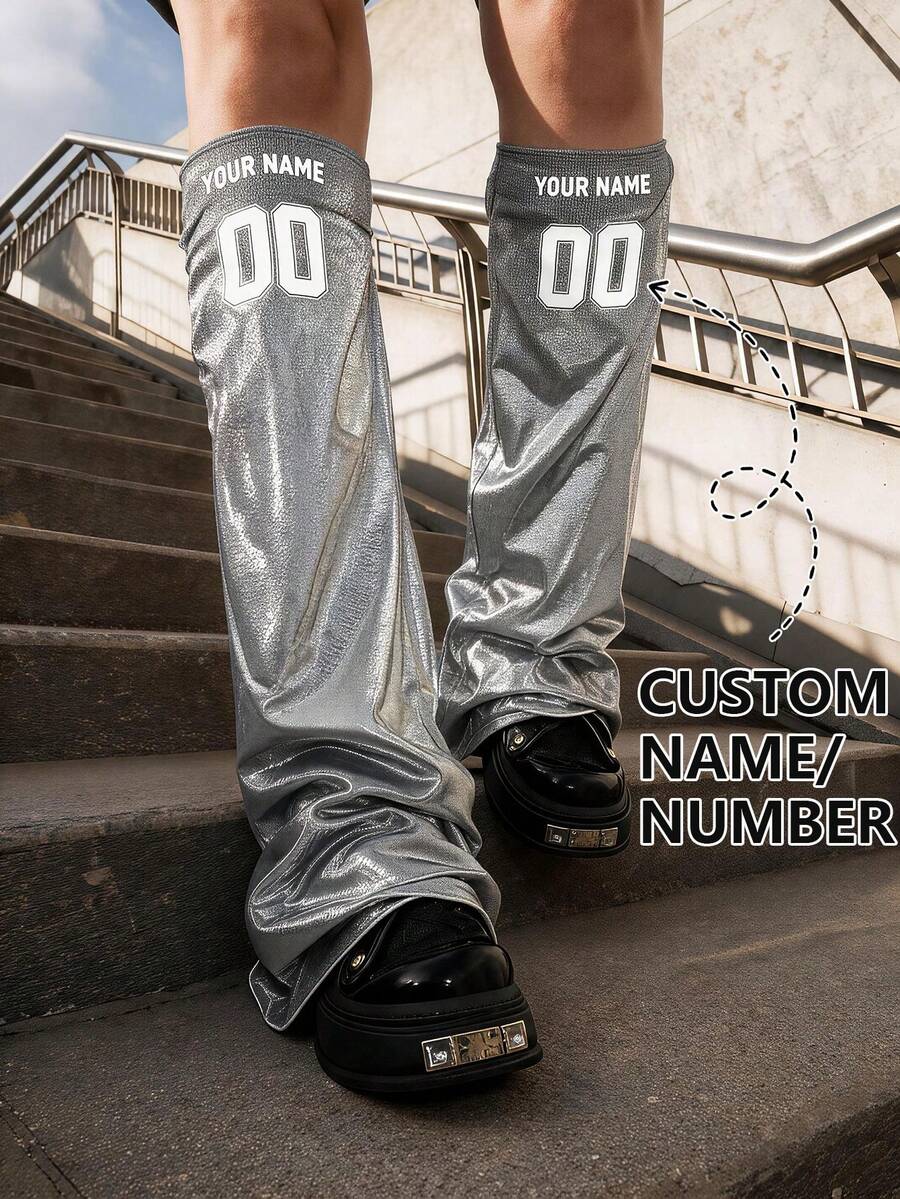 Personalized Name Printed Women Slouch Socks, Custom Glossy Finish Knee High Socks For Harajuku Fashion, World Cup Events & Daily Wear - Silver - View 1