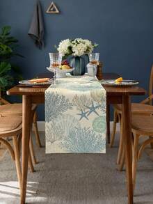 1pc Blue & White Coral Print Table Runner, Vacation Style Ocean Theme Faux Linen Woven Texture Stiff Fabric Rectangular Dining Table Cabinet Runner, Indoor Outdoor Decorative Table Runner, Suitable For All Seasons, Applicable For Daily, Wedding, Holiday Home Decor, Restaurant, Living Room, Dining Table Cabinet Decoration - Blue and White - View 9