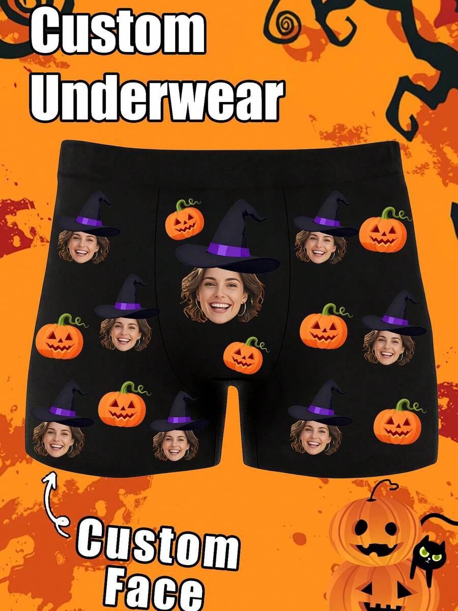 Men's Custom Smiling Female Face Witch Hat & Pumpkin Lantern Pumpkin Print Black Polyester Boxer Briefs, Halloween Romantic Humorous Couple Gift & Daily Wear - Multicolor - View 1