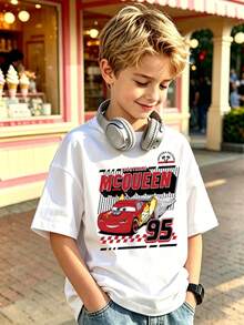 Disney Kids Short Sleeve T-Shirt 4-14 Years Unisex Soft Fabric Lightning McQueen 95 Racing Car Print Summer Casual Top Express Delivery - 白色 - 查看 1