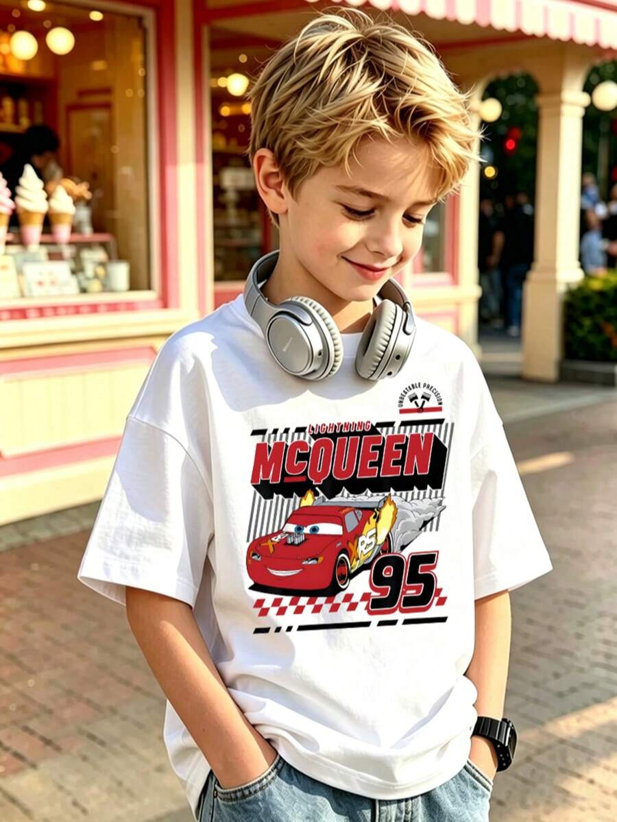 Disney Kids Short Sleeve T-Shirt 4-14 Years Unisex Soft Fabric Lightning McQueen 95 Racing Car Print Summer Casual Top Express Delivery - 白色 - 查看 1