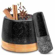10cm Granite Mortar And Pestle Set, Comes With Wooden Coaster, Convenient For Daily Use - Black - View 8