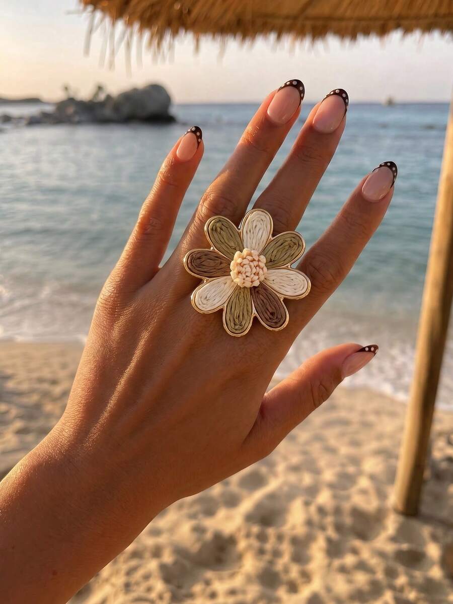 1件鮮豔度假風編織花卉開口戒指,女款百搭咖啡色飾品,適合旅行與通勤 - 中咖色 - 查看 1