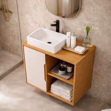 Gabinete de Banheiro Luxo Com Pia em Resina Uma Porta Prateleira e Nicho Baren Cores nature off - Marrom - Visão 3