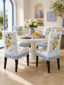 Porcelain Blue Tile Lemon Chair Cover, European Coastal Polyester Dining Chair Slipcover With Yellow Citrus Fruit, White Flower Print, Soft Fitted Backrest Seat Cover For Dining Room Chair Decor, Kitchen Chair Protector, Kitchen . - Multicolor - View 8