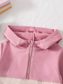 2Pcs Young Girl Clothes, Pink & Apricot Half-Zip Hooded Sweatshirt And Color-Block Pants, Autumn/Winter 2 Pieces Set - Pink - View 6