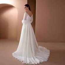 Marvellea Elegant Off Shoulder Puff Long Sleeve Chiffon Maxi Dress A Line Flowy Wedding Bridal Gown Formal Party Evening Gown - White - View 6