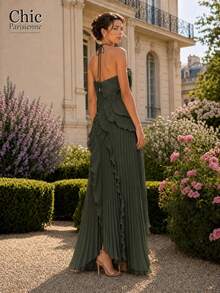 Army Green:Army Green 3D Ruffle Halter Pleated Maxi Gown - 軍綠色 - 查看 3