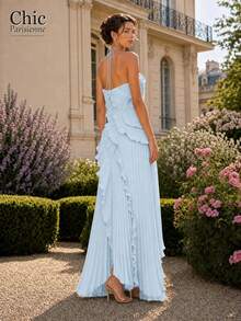 Sky Blue:Sky Blue Cross Halter Cascading Ruffle Maxi Dress - 天藍色 - 查看 3