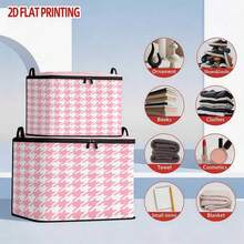 1PC Pink & White Houndstooth 2D Printed Non-Woven Fabric Storage Box With Lid, Soft Pink Houndstooth Pattern With Durable Print, Formaldehyde-Free Skin-Friendly Textile Fabric, Large Capacity Foldable Storage To Save Home Space, Zipper Closure To Block Dust And Stackable, Suitable For Wardrobe, Bed, Car Storage Of Bedding And Small Items, Ideal For Students, Renters And Daily Home Storage - View 4