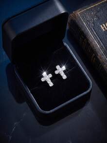 1 Pair New Full Rhinestone Cross Stud Earrings, Elegant Personalized Small Style, Suitable For Men And Women, Simple Versatile Rhinestone Ear Studs For Women - Silver - View 5
