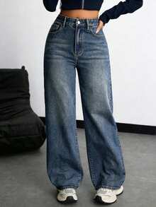 Jeans de pierna recta de mezclilla gris para adolescentes - Azul lavado medio - Ver 3