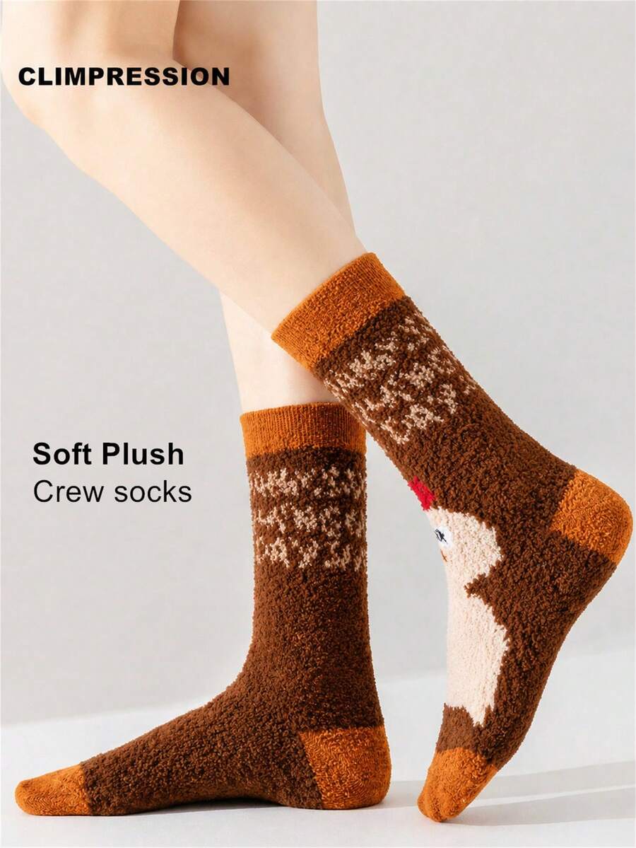 CLIMPRESSION Unisex Cute Cartoon Face Coral Fleece Boat Socks, Soft Fluffy Warm Comfortable Indoor Sleep Socks, Creative Home Socks For Autumn/Winter - Orange - View 1