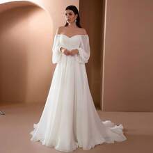 Marvellea Elegant Off Shoulder Puff Long Sleeve Chiffon Maxi Dress A Line Flowy Wedding Bridal Gown Formal Party Evening Gown - White - View 7